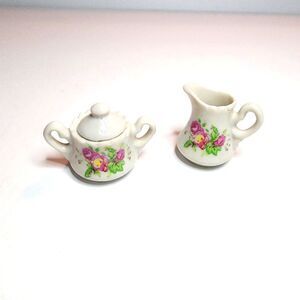 Miniature Porcelean Pitcher and Crock Set White with Flowers 1.5" Tall